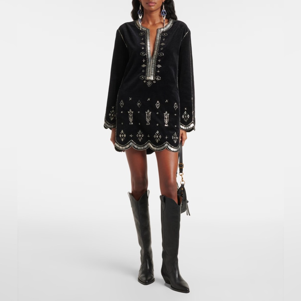Isabel Marant black velvet Helene minidress w/ silver accents size 38 EU/6US NWT
